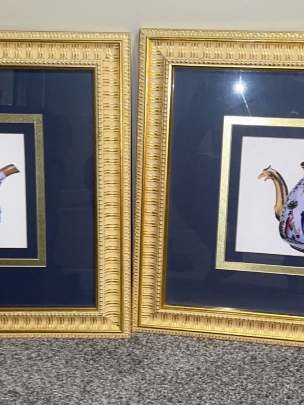 Set of 2 Chinoiserie Teapot Prints Gold Frames Navy Mats Wall Art